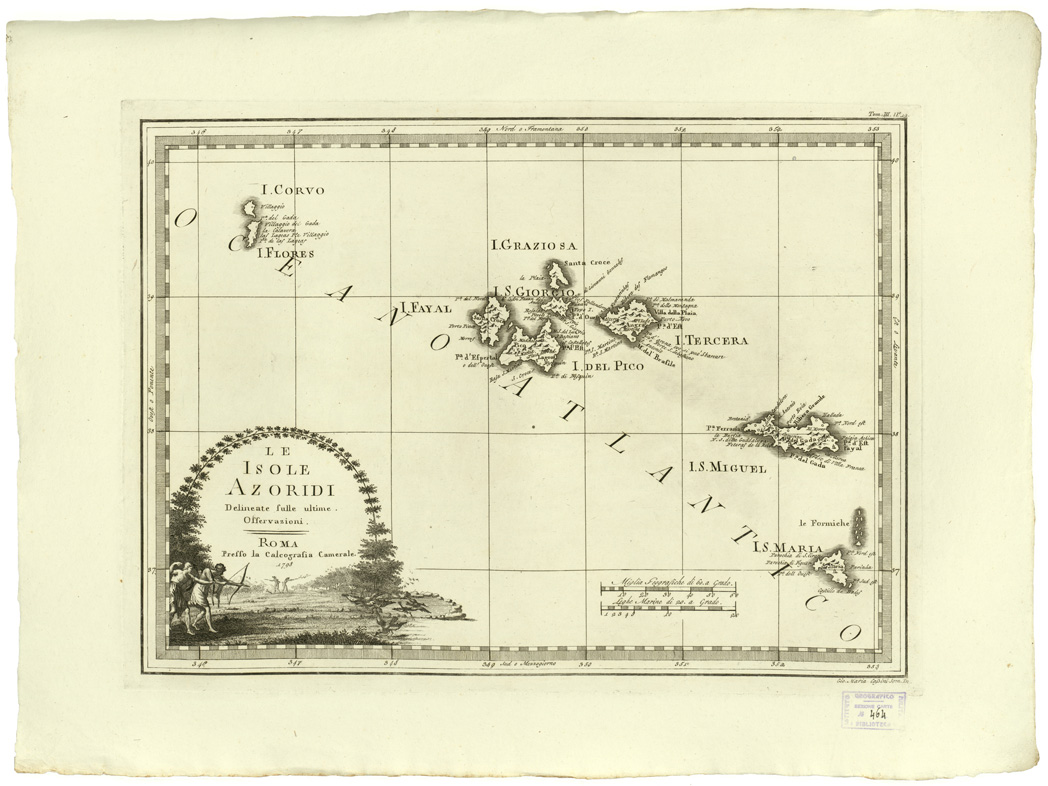 (N:8518) CARTE ANTICHE PROVENIENTI DALLA CALCOGRAFIA CAMERALE DI ROMA - LE ISOLE AZORIDI DELINEATE SULLE ULTIME OSSERVAZIONI -Tomo III n. 19 - (AZZORRE) (B0013125) Carte e stampe antiche: riproduzione a colori su carta (formato A2)