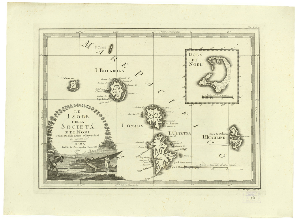 (N:8439) CARTE ANTICHE PROVENIENTI DALLA CALCOGRAFIA CAMERALE DI ROMA - LE ISOLE DELLA SOCIETA' E DI NOEL DELINEATE SULLE ULTIME OSSERVAZIONI DEL CAPITAN COOK - Tomo III n. 37 (B0013143) Carte e stampe antiche: riproduzione a colori su carta (formato A2)