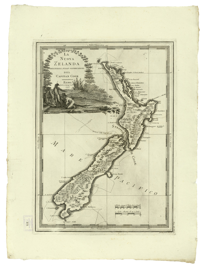 (N:8438) CARTE ANTICHE PROVENIENTI DALLA CALCOGRAFIA CAMERALE DI ROMA - LA NUOVA ZELANDA DELINEATA SULLE OSSERVAZIONI DEL CAPITAN COOK - Tomo III n. 35 (B0013144) Carte e stampe antiche: riproduzione a colori su carta (formato A2)