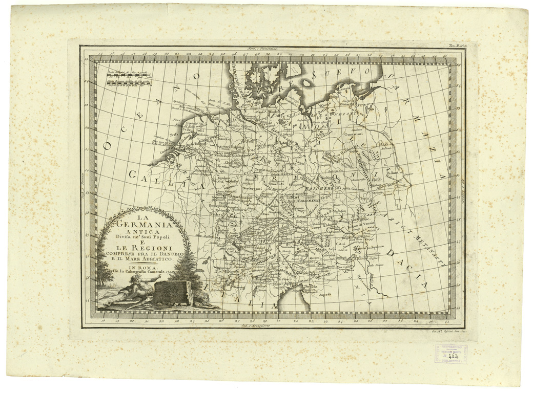 (N:8310) CARTE ANTICHE PROVENIENTI DALLA CALCOGRAFIA CAMERALE DI ROMA - LA GERMANIA ANTICA DIVISA NE SUOI POPOLI E LE REGIONI COMPRESE FRA IL DANUBIO E IL MARE ADRIATICO - Tomo III n. 53 (B0013156) Carte e stampe antiche: riproduzione a colori su carta (formato A2)