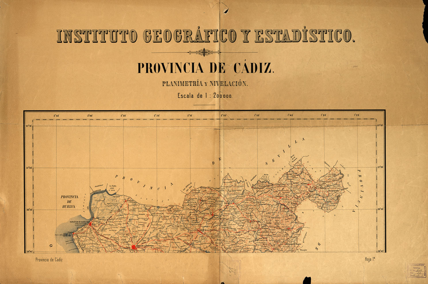 (N:18888) PROVINCIA DE CADIZ - Planimetria y Nivelacion (B0015334) Carte e stampe antiche: riproduzione a colori su carta (formato A2)