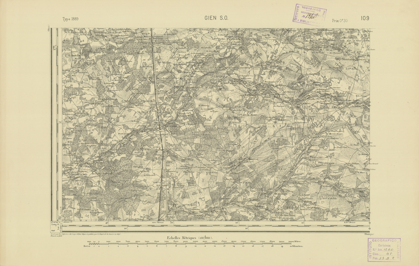 (N:22041) CARTE DE FRANCE - GIEN S.O. (B0018629) Carte e stampe antiche: riproduzione a colori su carta (formato A2)