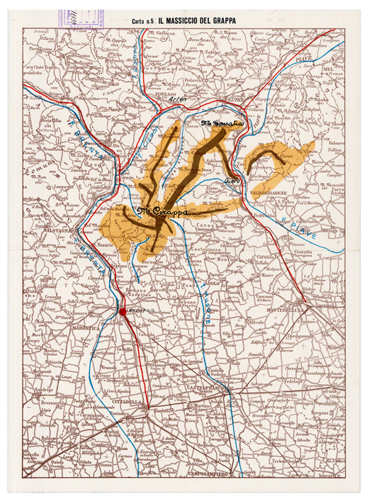 (N:28945) L'ESERCITO ITALIANO NELLA GRANDE GUERRA (1915-1918) - Carta n. 5: IL MASSICCIO DEL GRAPPA
 (B0019888) Carte e stampe antiche: riproduzione a colori su carta (formato A2)
