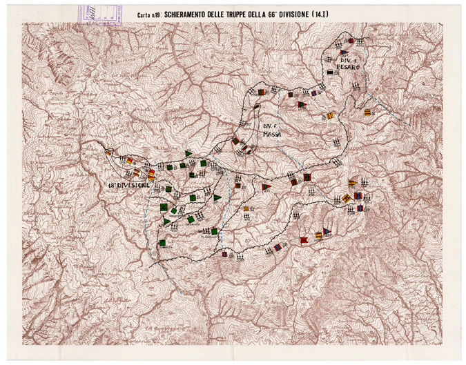 (N:29019) L'ESERCITO ITALIANO NELLA GRANDE GUERRA (1915-1918) - Carta n. 19: SCHIERAMENTO DELLE TRUPPE DELLA 66^ DIVISIONE (14.I) (B0019902) Carte e stampe antiche: riproduzione a colori su carta (formato A2)