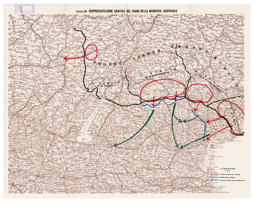 (N:29095) L'ESERCITO ITALIANO NELLA GRANDE GUERRA (1915-1918) - Carta n. 28: RAPPRESENTAZIONE GRAFICA DEL PIANO DELLA MANOVRA AUSTRIACA (B0019911) Carte e stampe antiche: riproduzione a colori su carta (formato A2)