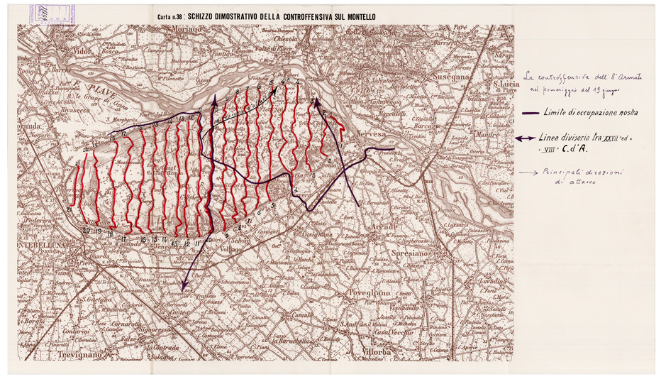(N:29121) L'ESERCITO ITALIANO NELLA GRANDE GUERRA (1915-1918) - Carta n. 38: SCHIZZO DIMOSTRATIVO DELLA CONTROFFENSIVA SUL MONTELLO (B0019923) Carte e stampe antiche: riproduzione a colori su carta (formato A2)