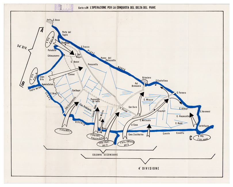 (N:29122) L'ESERCITO ITALIANO NELLA GRANDE GUERRA (1915-1918) - Carta n. 39: L'OPERAZIONE PER LA CONQUISTA DEL DELTA DEL PIAVE (B0019924) Carte e stampe antiche: riproduzione a colori su carta (formato A2)