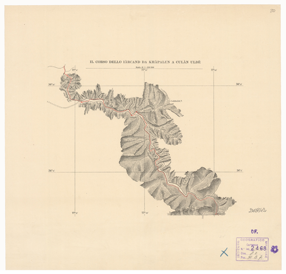 (N:32921) INDIA BRITANNICA - SPEDIZIONE DE FILIPPI NELL'HIMALAIA - IL CORSO DELLO IARCAND DA KHAPALUN A CULAN ULDE' (B0019935) Carte e stampe antiche: riproduzione a colori su carta (formato A2)