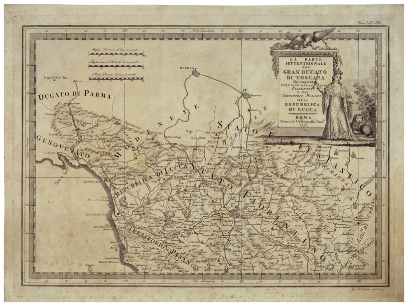 (N:34644) LA PARTE SETTENTRIONALE DEL GRAN DUCATO DI TOSCANA CHE COMPRENDE PORZIONI DELLO STATO FIORENTINO E DEL TERRITORIO PISANO CON LA REPUBBLICA DI LUCCA (B0020476) Carte e stampe antiche: riproduzione a colori su carta (formato A2)