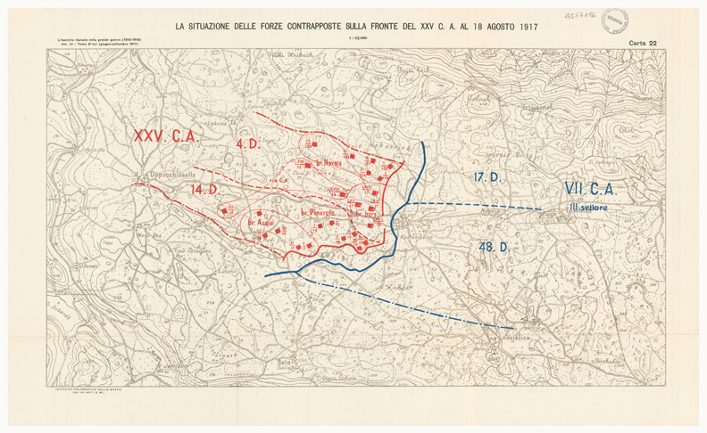 (N:36773) L'ESERCITO ITALIANO NELLA GRANDE GUERRA 1915-1918 - VOL. IV 1917 - TOMO 2 TER - Carta 22 - La situazione dell forze contrapposte sulla fronte del XXV C.A. al 18 agosto 1917 (B0021327) Carte e stampe antiche: riproduzione a colori su carta (formato A2)