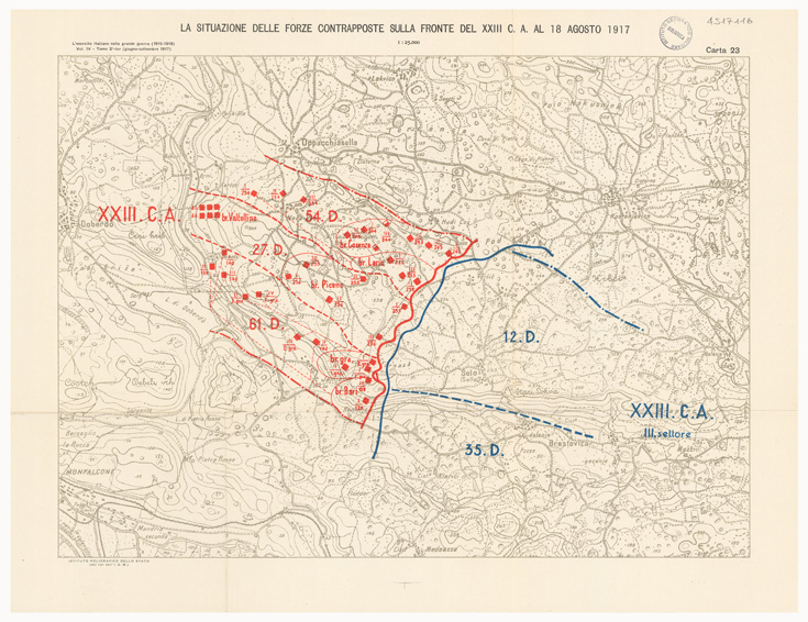 (N:36774) L'ESERCITO ITALIANO NELLA GRANDE GUERRA 1915-1918 - VOL. IV 1917 - TOMO 2 TER - Carta 23 - La situazione dell forze contrapposte sulla fronte del XXIII C.A. al 18 agosto 1917 (B0021328) Carte e stampe antiche: riproduzione a colori su carta (formato A2)