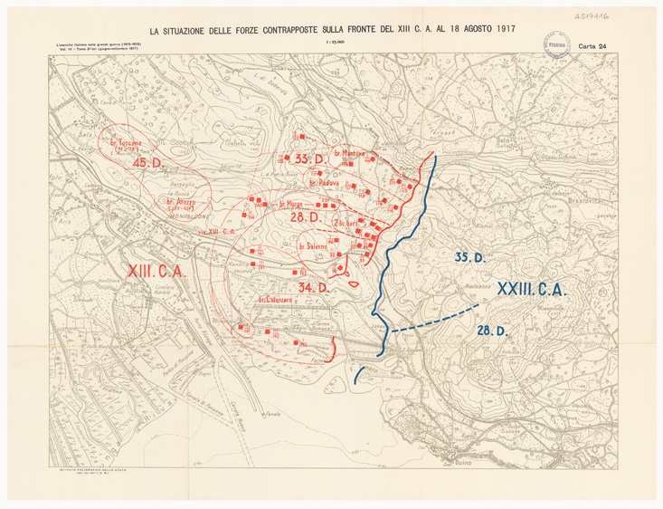 (N:36775) L'ESERCITO ITALIANO NELLA GRANDE GUERRA 1915-1918 - VOL. IV 1917 - TOMO 2 TER - Carta 24 - La situazione dell forze contrapposte sulla fronte del XIII C.A. al 18 agosto 1917 (B0021329) Carte e stampe antiche: riproduzione a colori su carta (formato A2)