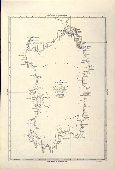 (N:6018) PORTOLANO DELLA SARDEGNA - CARTA IDROGRAFICA DELLA SARDEGNA LEVATA DAL CAVALIERE GIUSEPPE ALBINI CAPITANO DI VASCELLO NELLA MARINA DI S.M. SARDA - QUADRO D'INSIEME. (CA000551) Carte e stampe antiche: riproduzione a colori su carta (formato A2)