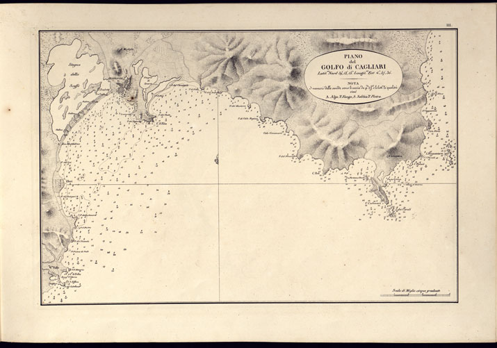 (N:14198) PORTOLANO DELLA SARDEGNA - CARTA IDROGRAFICA DELLA SARDEGNA LEVATA DAL CAVALIERE GIUSEPPE ALBINI CAPITANO DI VASCELLO NELLA MARINA DI S.M. SARDA - PIANO del GOLFO di CAGLIARI TAVOLA III. (CA000553) Carte e stampe antiche: riproduzione a colori su carta (formato A2)