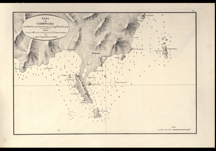 (N:14197) PORTOLANO DELLA SARDEGNA - CARTA IDROGRAFICA DELLA SARDEGNA LEVATA DAL CAVALIERE GIUSEPPE ALBINI CAPITANO DI VASCELLO NELLA MARINA DI S.M. SARDA - RADA DI CARBONARA TAVOLA IV. (CA000554) Carte e stampe antiche: riproduzione a colori su carta (formato A2)