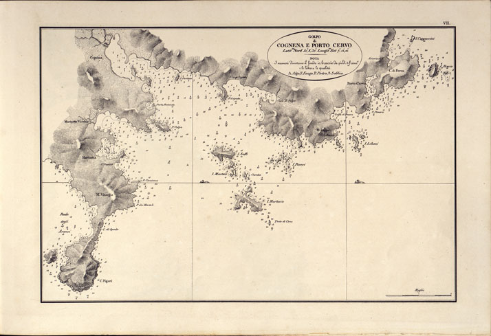 (N:14194) PORTOLANO DELLA SARDEGNA - CARTA IDROGRAFICA DELLA SARDEGNA LEVATA DAL CAVALIERE GIUSEPPE ALBINI CAPITANO DI VASCELLO NELLA MARINA DI S.M. SARDA - GOLFO DI  COGNENA E PORTO CERVO TAVOLA VII. (CA000557) Carte e stampe antiche: riproduzione a colori su carta (formato A2)
