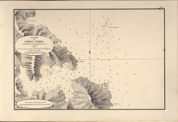 (N:14193) PORTOLANO DELLA SARDEGNA - CARTA IDROGRAFICA DELLA SARDEGNA LEVATA DAL CAVALIERE GIUSEPPE ALBINI CAPITANO DI VASCELLO NELLA MARINA DI S.M. SARDA - PIANO DI PORTO CERVO TAVOLA VIII. (CA000558) Carte e stampe antiche: riproduzione a colori su carta (formato A2)