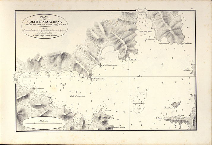 (N:14192) PORTOLANO DELLA SARDEGNA - CARTA IDROGRAFICA DELLA SARDEGNA LEVATA DAL CAVALIERE GIUSEPPE ALBINI CAPITANO DI VASCELLO NELLA MARINA DI S.M. SARDA - PIANO DEL GOLFO D'ARSACHENA TAVOLA IX. (CA000559) Carte e stampe antiche: riproduzione a colori su carta (formato A2)