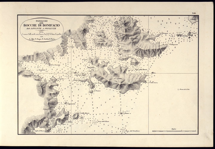(N:14188) PORTOLANO DELLA SARDEGNA - CARTA IDROGRAFICA DELLA SARDEGNA LEVATA DAL CAVALIERE GIUSEPPE ALBINI CAPITANO DI VASCELLO NELLA MARINA DI S.M. SARDA - PASSAGGIO DELLE BOCCHE DI BONIFACIO DA LEVANTE A PONENTE TAVOLA XIII. (CA000563) Carte e stampe antiche: riproduzione a colori su carta (formato A2)