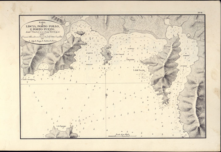 (N:14184) PORTOLANO DELLA SARDEGNA - CARTA IDROGRAFICA DELLA SARDEGNA LEVATA DAL CAVALIERE GIUSEPPE ALBINI CAPITANO DI VASCELLO NELLA MARINA DI S.M. SARDA - RADA DI LISCIA, PORTO POLLO, E PORTO PUZZO TAVOLA XVII. (CA000567) Carte e stampe antiche: riproduzione a colori su carta (formato A2)