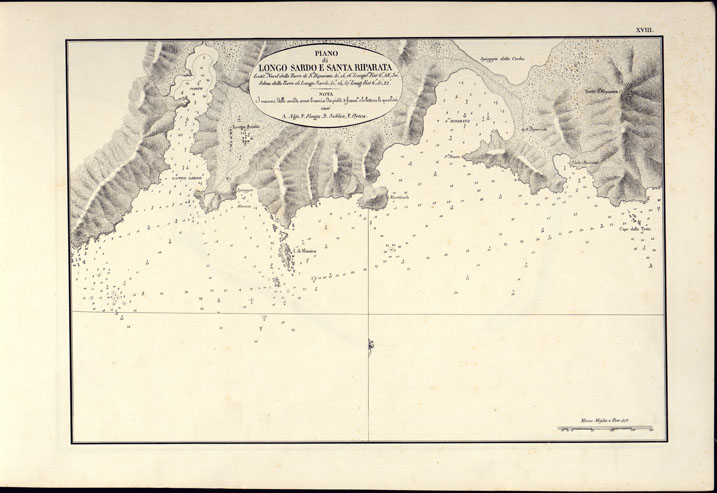 (N:14183) PORTOLANO DELLA SARDEGNA - CARTA IDROGRAFICA DELLA SARDEGNA LEVATA DAL CAVALIERE GIUSEPPE ALBINI CAPITANO DI VASCELLO NELLA MARINA DI S.M. SARDA - PIANO di LONGO SARDO E SANTA RIPARATA TAVOLA XVIII. (CA000568) Carte e stampe antiche: riproduzione a colori su carta (formato A2)