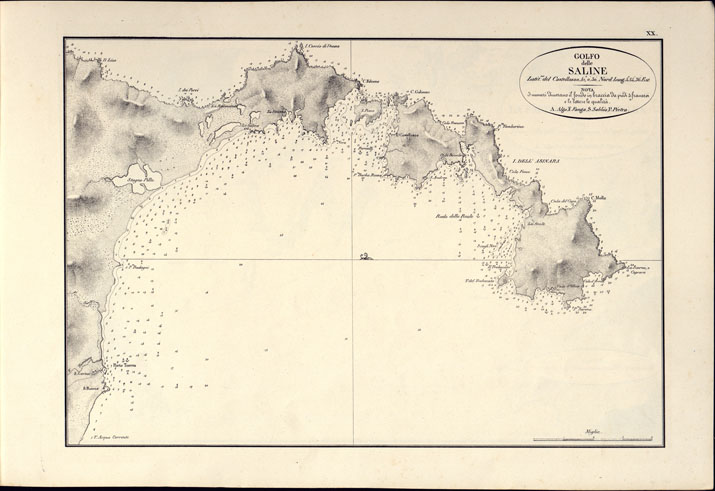 (N:14181) PORTOLANO DELLA SARDEGNA - CARTA IDROGRAFICA DELLA SARDEGNA LEVATA DAL CAVALIERE GIUSEPPE ALBINI CAPITANO DI VASCELLO NELLA MARINA DI S.M. SARDA - GOLFO delle SALINE TAVOLA XX. (CA000570) Carte e stampe antiche: riproduzione a colori su carta (formato A2)