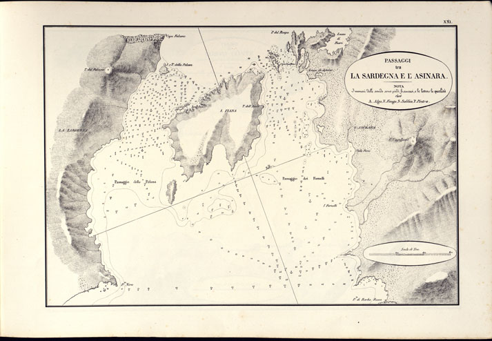 (N:14180) PORTOLANO DELLA SARDEGNA - CARTA IDROGRAFICA DELLA SARDEGNA LEVATA DAL CAVALIERE GIUSEPPE ALBINI CAPITANO DI VASCELLO NELLA MARINA DI S.M. SARDA - PASSAGGI TRA LA SARDEGNA E L'ASINARA TAVOLA XXI. (CA000571) Carte e stampe antiche: riproduzione a colori su carta (formato A2)