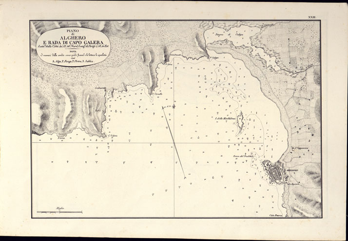 (N:14178) PORTOLANO DELLA SARDEGNA - CARTA IDROGRAFICA DELLA SARDEGNA LEVATA DAL CAVALIERE GIUSEPPE ALBINI CAPITANO DI VASCELLO NELLA MARINA DI S.M. SARDA - PIANO DI ALGHERO E RADA DI CAPO GALERA TAVOLA XXIII. (CA000573) Carte e stampe antiche: riproduzione a colori su carta (formato A2)