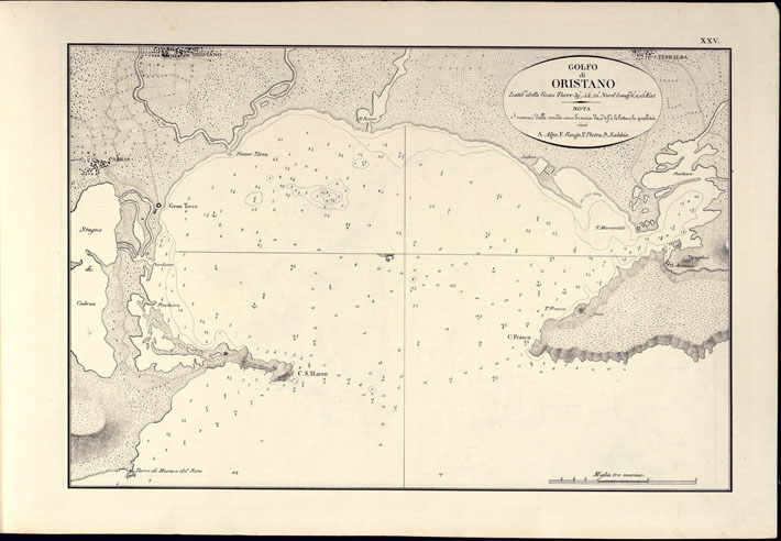 (N:14176) PORTOLANO DELLA SARDEGNA - CARTA IDROGRAFICA DELLA SARDEGNA LEVATA DAL CAVALIERE GIUSEPPE ALBINI CAPITANO DI VASCELLO NELLA MARINA DI S.M. SARDA - GOLFO di ORISTANO TAVOLA XXV. (CA000575) Carte e stampe antiche: riproduzione a colori su carta (formato A2)