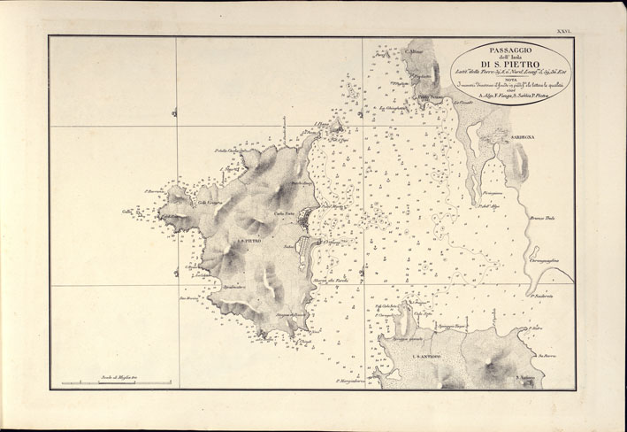 (N:14175) PORTOLANO DELLA SARDEGNA - CARTA IDROGRAFICA DELLA SARDEGNA LEVATA DAL CAVALIERE GIUSEPPE ALBINI CAPITANO DI VASCELLO NELLA MARINA DI S.M. SARDA - PASSAGGIO DELL'ISOLA DI S. PIETRO TAVOLA XXVI. (CA000576) Carte e stampe antiche: riproduzione a colori su carta (formato A2)
