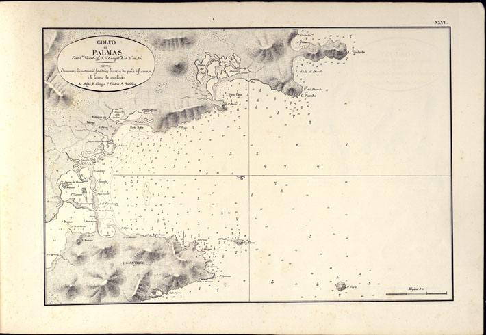 (N:14174) PORTOLANO DELLA SARDEGNA - CARTA IDROGRAFICA DELLA SARDEGNA LEVATA DAL CAVALIERE GIUSEPPE ALBINI CAPITANO DI VASCELLO NELLA MARINA DI S.M. SARDA - GOLFO DI PALMAS TAVOLA XXVII. (CA000577) Carte e stampe antiche: riproduzione a colori su carta (formato A2)