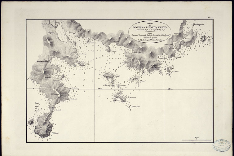 (N:23035) PORTOLANO DELLA SARDEGNA - CARTA IDROGRAFICA DELLA SARDEGNA LEVATA DAL CAVALIERE GIUSEPPE ALBINI CAPITANO DI VASCELLO NELLA MARINA DI S.M. SARDA - GOLFO DI COGNENA E PORTO CERVO TAVOLA VII. (CA000588, CA000618, CA000648) Carte e stampe antiche: riproduzione a colori su carta (formato A2)