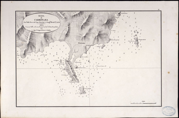 (N:23032) PORTOLANO DELLA SARDEGNA - CARTA IDROGRAFICA DELLA SARDEGNA LEVATA DAL CAVALIERE GIUSEPPE ALBINI CAPITANO DI VASCELLO NELLA MARINA DI S.M. SARDA - RADA DI CARBONARA TAVOLA IV. (CA000585, CA000615, CA000645) Carte e stampe antiche: riproduzione a colori su carta (formato A2)