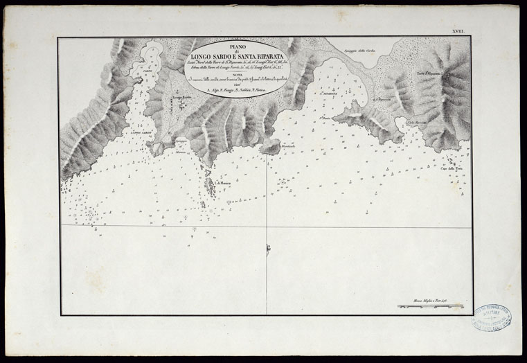 (N:23046) PORTOLANO DELLA SARDEGNA - CARTA IDROGRAFICA DELLA SARDEGNA LEVATA DAL CAVALIERE GIUSEPPE ALBINI CAPITANO DI VASCELLO NELLA MARINA DI S.M. SARDA - PIANO DI LONGO SANTO E SANTA RIPARATA TAVOLA XVIII. (CA000599, CA000629, CA000659) Carte e stampe antiche: riproduzione a colori su carta (formato A2)
