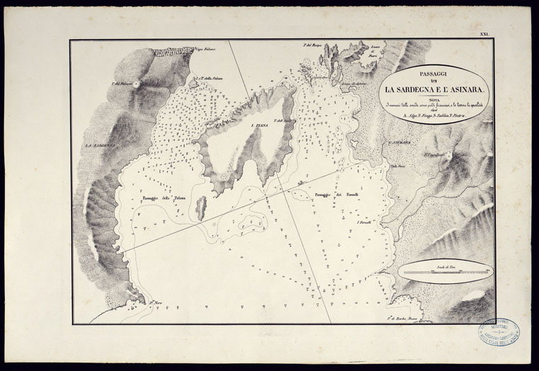 (N:23049) PORTOLANO DELLA SARDEGNA - CARTA IDROGRAFICA DELLA SARDEGNA LEVATA DAL CAVALIERE GIUSEPPE ALBINI CAPITANO DI VASCELLO NELLA MARINA DI S.M. SARDA  - PASSAGGI TRA LA SARDEGNA E L'ASINARA TAVOLA XXI. (CA000602, CA000632, CA000662) Carte e stampe antiche: riproduzione a colori su carta (formato A2)