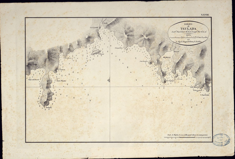 (N:23056) PORTOLANO DELLA SARDEGNA - CARTA IDROGRAFICA DELLA SARDEGNA LEVATA DAL CAVALIERE GIUSEPPE ALBINI CAPITANO DI VASCELLO NELLA MARINA DI S.M. SARDA - GOLFO DI TEULADA TAVOLA XXVIII. (CA000609, CA000639, CA000669) Carte e stampe antiche: riproduzione a colori su carta (formato A2)