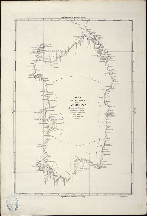 (N:23029) PORTOLANO DELLA SARDEGNA - CARTA IDROGRAFICA DELLA SARDEGNA LEVATA DAL CAVALIERE GIUSEPPE ALBINI CAPITANO DI VASCELLO NELLA MARINA DI S.M. SARDA - QUADRO D'INSIEME. (CA000582, CA000612, CA000642) Carte e stampe antiche: riproduzione a colori su carta (formato A2)