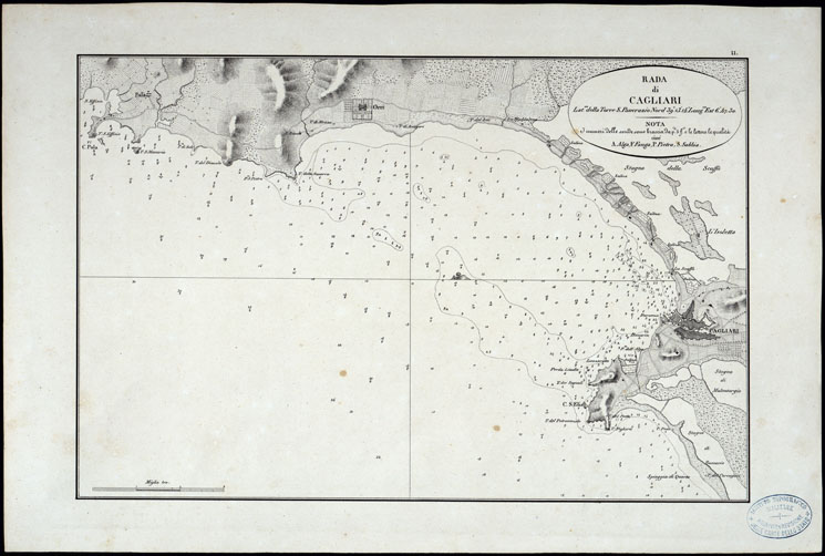 (N:23030) PORTOLANO DELLA SARDEGNA - CARTA IDROGRAFICA DELLA SARDEGNA LEVATA DAL CAVALIERE GIUSEPPE ALBINI CAPITANO DI VASCELLO NELLA MARINA DI S.M. SARDA - RADA DI CAGLIARI TAVOLA II. (CA000583, CA000613, CA000643) Carte e stampe antiche: riproduzione a colori su carta (formato A2)