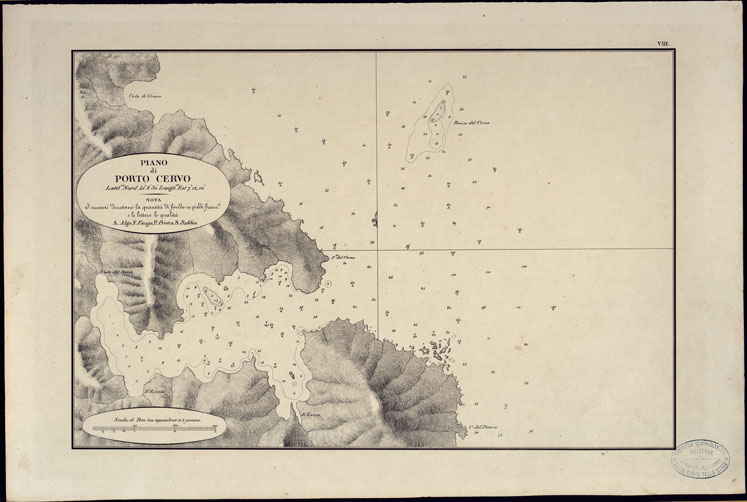 (N:23036) PORTOLANO DELLA SARDEGNA - CARTA IDROGRAFICA DELLA SARDEGNA LEVATA DAL CAVALIERE GIUSEPPE ALBINI CAPITANO DI VASCELLO NELLA MARINA DI S.M. SARDA - PIANO DI PORTO CERVO - TAVOLA VIII. (CA000589, CA000619, CA000649) Carte e stampe antiche: riproduzione a colori su carta (formato A2)