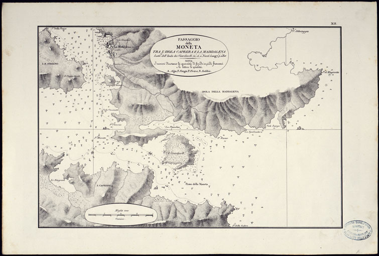 (N:23040) PORTOLANO DELLA SARDEGNA - CARTA IDROGRAFICA DELLA SARDEGNA LEVATA DAL CAVALIERE GIUSEPPE ALBINI CAPITANO DI VASCELLO NELLA MARINA DI S.M. SARDA - PASSAGGIO DELLA MONETA TRA L'ISOLA CAPRERA E LA MADDALENA TAVOLA XII. (CA000593, CA000623, CA000653) Carte e stampe antiche: riproduzione a colori su carta (formato A2)