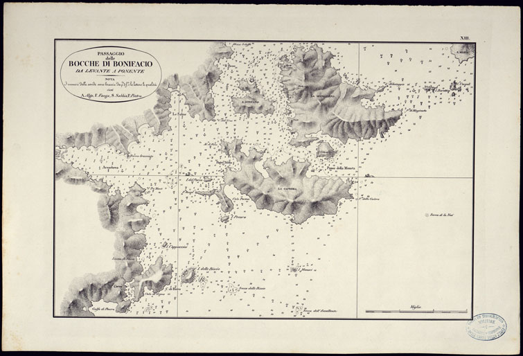 (N:23041) PORTOLANO DELLA SARDEGNA - CARTA IDROGRAFICA DELLA SARDEGNA LEVATA DAL CAVALIERE GIUSEPPE ALBINI CAPITANO DI VASCELLO NELLA MARINA DI S.M. SARDA - PASSAGGIO DELLE BOCCHE DI BONIFACIO TAVOLA XIII. (CA000594, CA000624, CA000654) Carte e stampe antiche: riproduzione a colori su carta (formato A2)