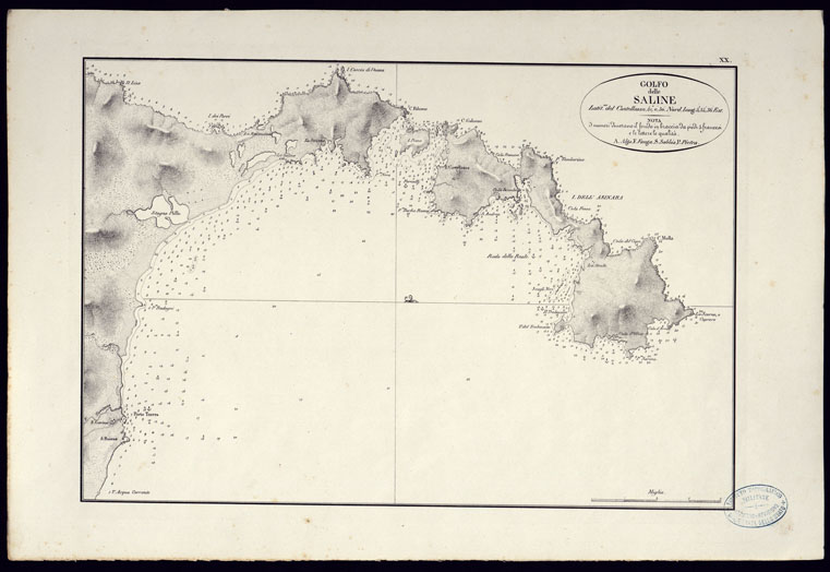 (N:23048) PORTOLANO DELLA SARDEGNA - CARTA IDROGRAFICA DELLA SARDEGNA LEVATA DAL CAVALIERE GIUSEPPE ALBINI CAPITANO DI VASCELLO NELLA MARINA DI S.M. SARDA  - GOLFO DELLE SALINE TAVOLA XX. (CA000601, CA000631, CA000661) Carte e stampe antiche: riproduzione a colori su carta (formato A2)