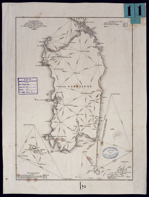 (N:6028) CARTE DEMONSTRATIVE DE LA TRIANGULATION DE 1.ER ORDRE, EXECUTEE EN SARDAIGNE DE 1835 A' 1838 ET DES DEUX BASES MESUREES EN CETTE ILE. (LES CHIFFRES INDIQUENT DES METRES ET DES FRACTIONSE). ECHELLE DE LA CARTE. 1/1,000000. (CA000670) Carte e stampe antiche: riproduzione a colori su carta (formato A2)