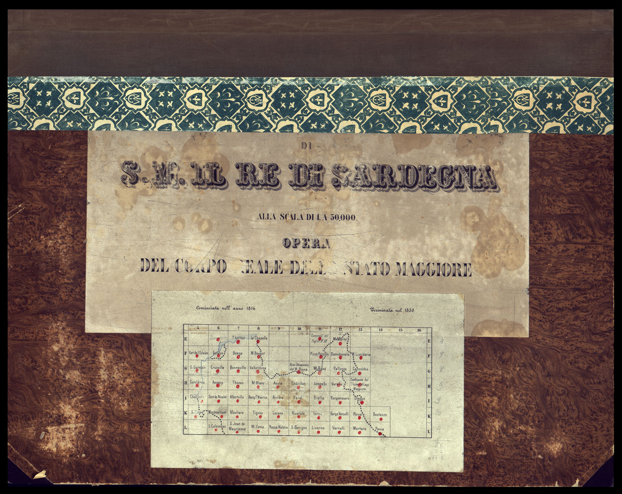 (N:23172) CARTA TOPOGRAFICA DEGLI STATI DI TERRA FERMA DI S.S.R.M. CARLO ALBERTO RE DI SARDEGNA FATTA DAL CORPO DELLO STATO MAGGIORE COMANDATO DAL TEN.TE GEN.LE B.NE DI MONTHOUX ALLA SCALA DI 1 50.000 1831 - COPERTINA QUADRO D'UNIONE. (CA001006) Carte e stampe antiche: riproduzione a colori su carta (formato A2)