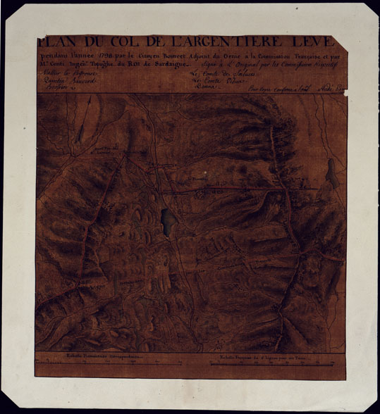 (N:3965) PLAN DU COL L'ARGENTIERE LEVE' PENDANT L'ANNEE 1798 PAR LE CITOYEN BOURCET, ADJOINT DU GENIE A'LA COMMISSION FRANCAISE ET PAR M. CONTI INGEN. TOPOGHE. DU ROI DE SARDAIGNE. (CA001591) Carte e stampe antiche: riproduzione a colori su carta (formato A2)