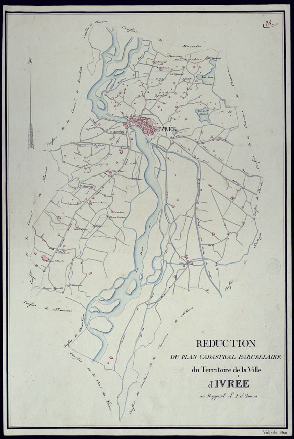 (N:4964) TERRITORIO COMPRESO TRA RACCONIGI, MORETTA, SAVIGLIANO, ALESSANDRIA ED IVREA - REDUCTION DU PLAN CADASTRAL PARCELLAIRE DU TERRIROIRE DE LA VILLE D'IVREE. (CA001883) Carte e stampe antiche: riproduzione a colori su carta (formato A2)