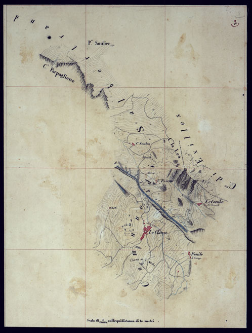 (N:23525) VALLE DELLA DORA EXILLES MINUTE AL 10.000. RILIEVI ESEGUITI NEL 1864 ALLIEVI INGEGNERI DEL R. CORPO DEL GENIO CIVILE ALLA SCALA DI 1 A 10.000 - FOGLIO 3. (CA002069) Carte e stampe antiche: riproduzione a colori su carta (formato A2)