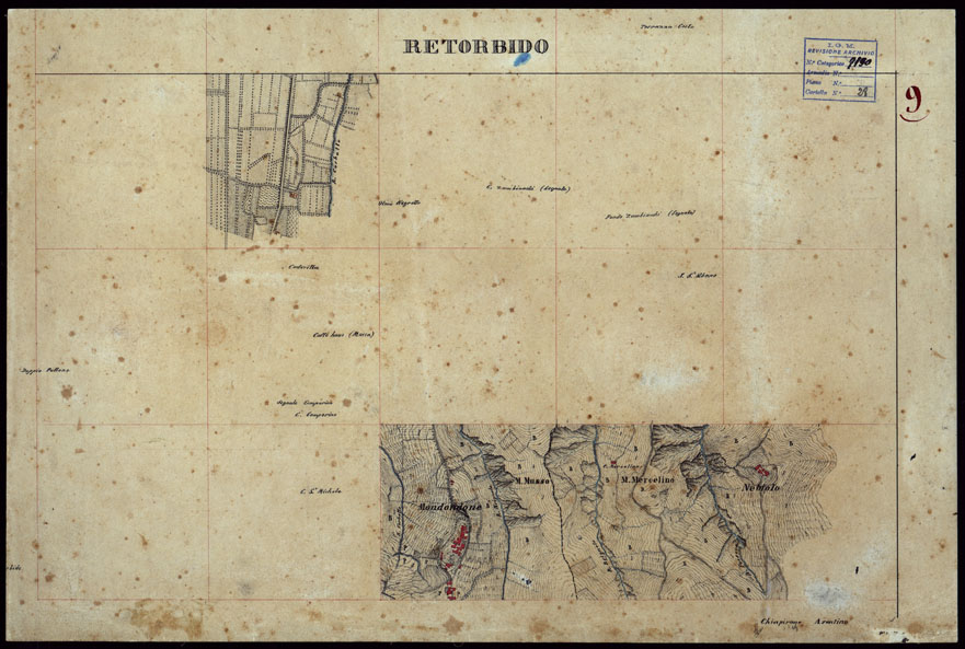 (N:23750) GRUPPO DI 132 FRAZIONI DI MINUTE DI CAMPAGNA ALLA SCALA 1:10.000 DEI RILEVAMENTI ESEGUITI NEL 1853-1867 - RETORBIDO - RILIEVI OPERATORE N. 9 (CA002358) Carte e stampe antiche: riproduzione a colori su carta (formato A2)