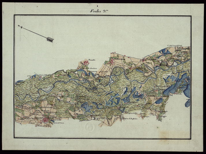 (N:23794) CARTE TOPOGRAPHIQUE DU COURS DE TESIN ET SES ENVIRONS DEPUIS SA SORTIE DU LAC MAJEUR JUSQU A SON EMBOUCHURE DANS LE PO REDUI ET DESSINEE PAR LE TOPOGRAPHES AUDE FILES ET VELASCO E POUR COPIE IOSEPH DEGRANDI ENG. DIVISEE EN QUATRE FEULLES - FEULLES 3 (CA002488) Carte e stampe antiche: riproduzione a colori su carta (formato A2)