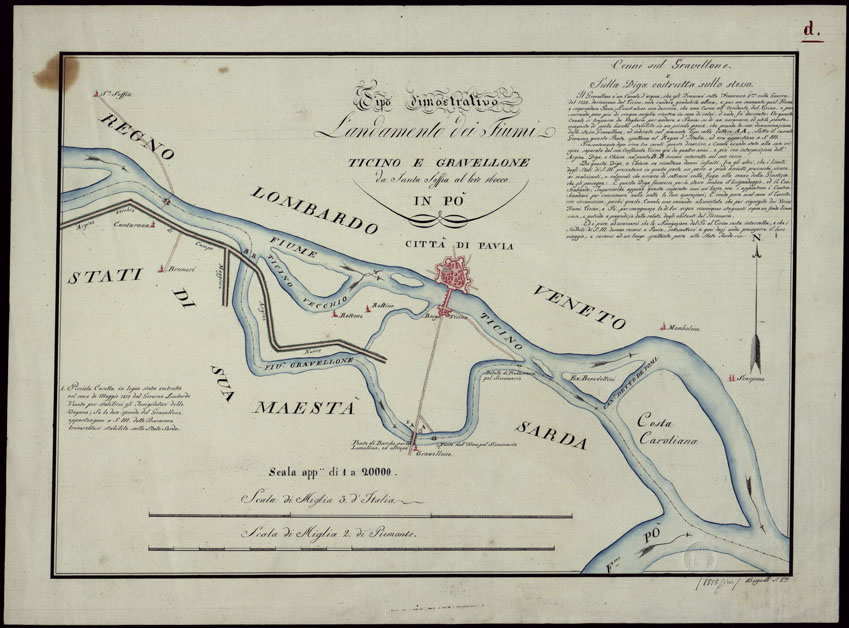 (N:4245) TIPO DIMOSTRATIVO L'ANDAMENTO DEI FIUMI TICINO E GRAVELLONE DA SANTA SOFFIA AL LORO SBOCCO IN PO' (CA002490) Carte e stampe antiche: riproduzione a colori su carta (formato A2)
